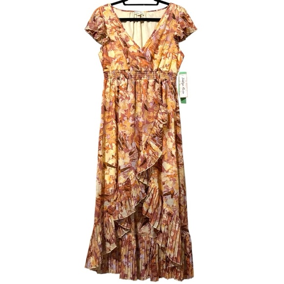 NEW Indigo Rose V Neck Cap Sleeve Printed Midi Dress Cascading Ruffle Orange PL - Picture 1 of 3